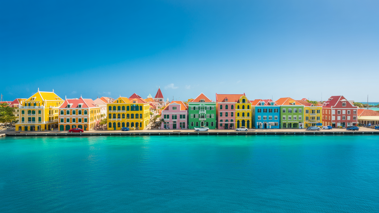 Vibrant Caribbean coastal town with colorful buildings