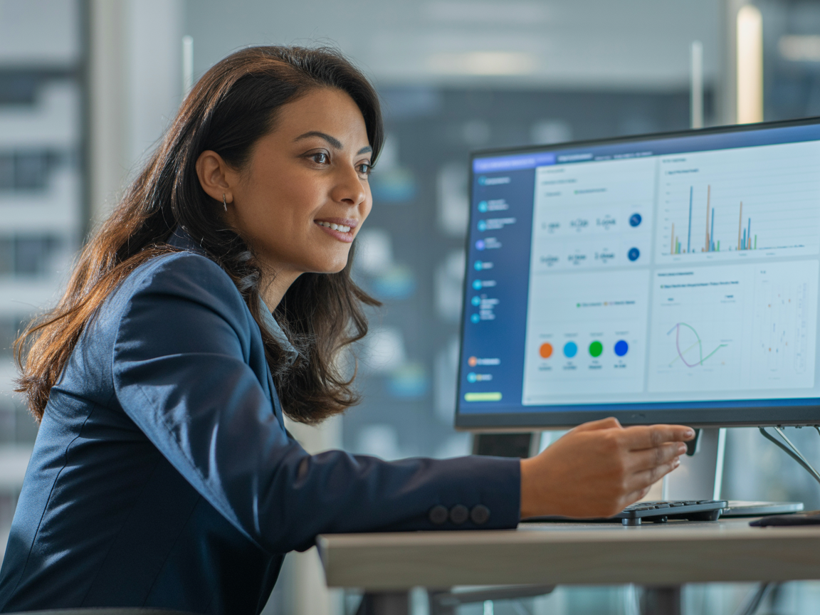 Caribbean business professional viewing contact analytics on a monitor