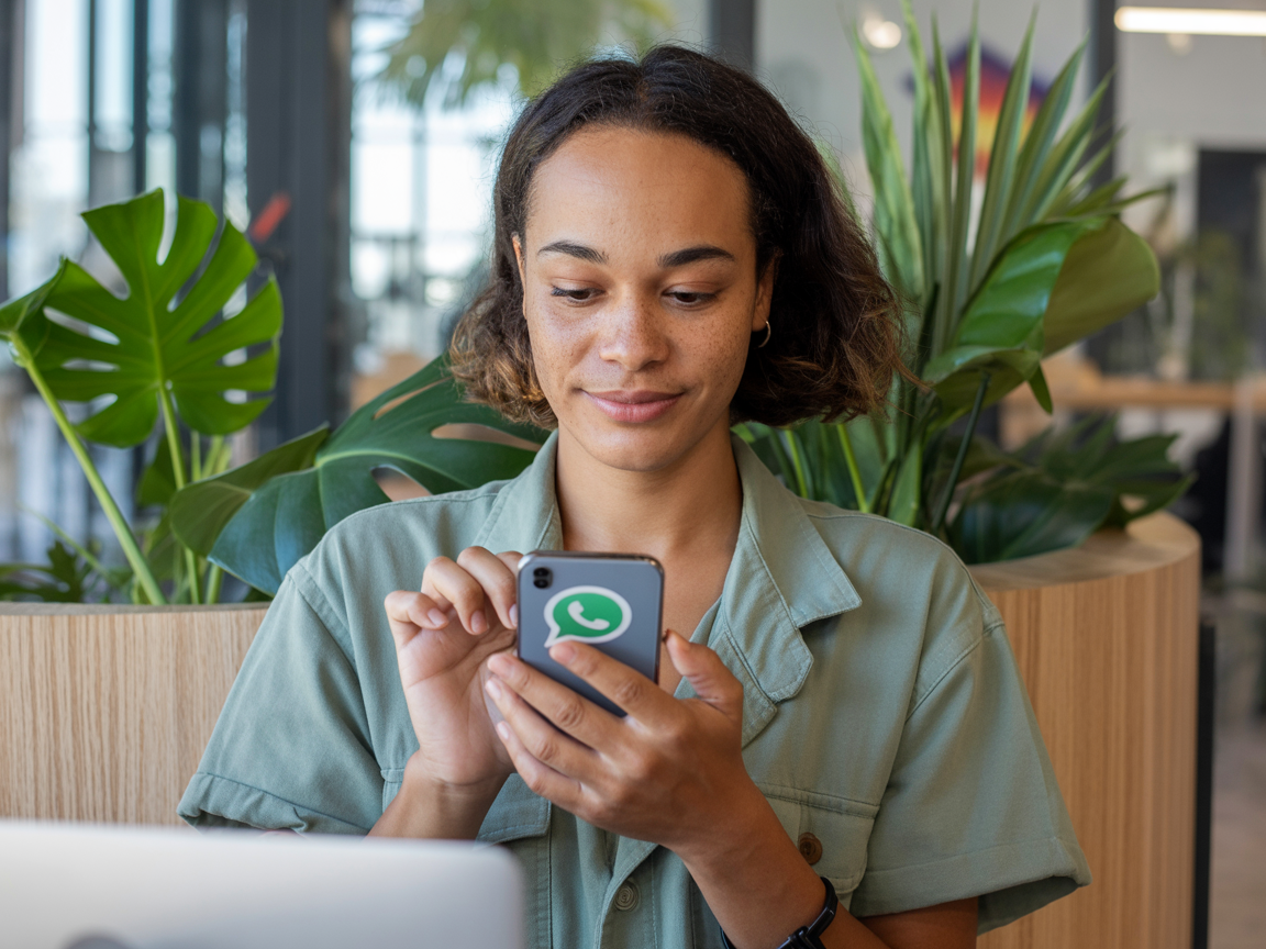 Young Caribbean professional using WhatsApp Business in a modern workspace
